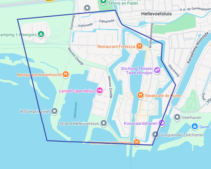 Kaart met de begrenzing van het gebied van Wijkraad Vesting-Grote Weergors
